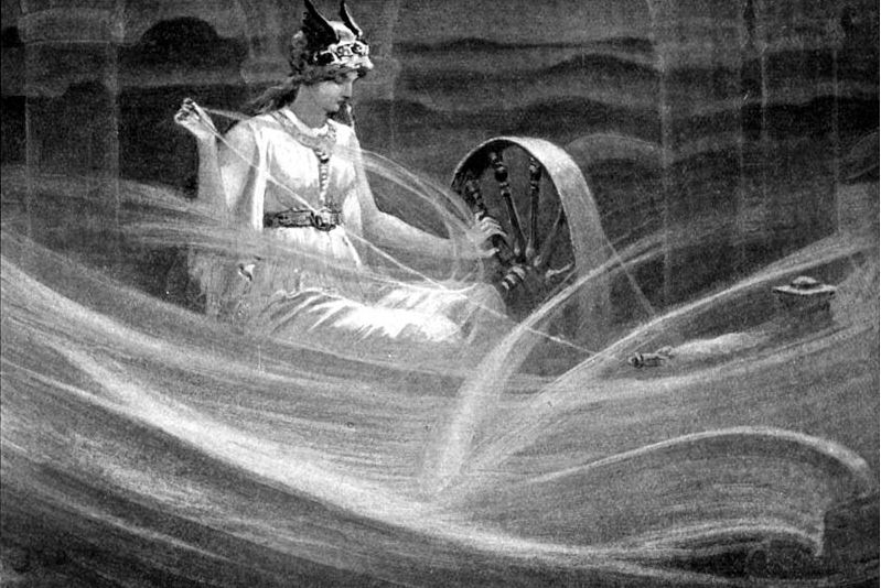 A representation of the Norse goddess Frigg - She is represented weaving because of her powers as a volva